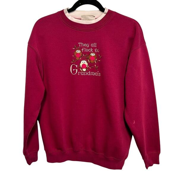 Vintage "They All Flock to Grandmas" Embroidered Owl Sweatshirt M Red Cottage - Picture 1 of 10